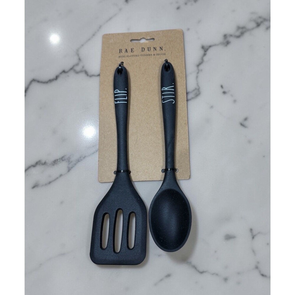 RAE DUNN‎ Mini Spatula Spoon Set STIR FLIP ~ Black Silicone Utensils